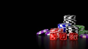 Casino gambling chips and dice on black background D illustration concept